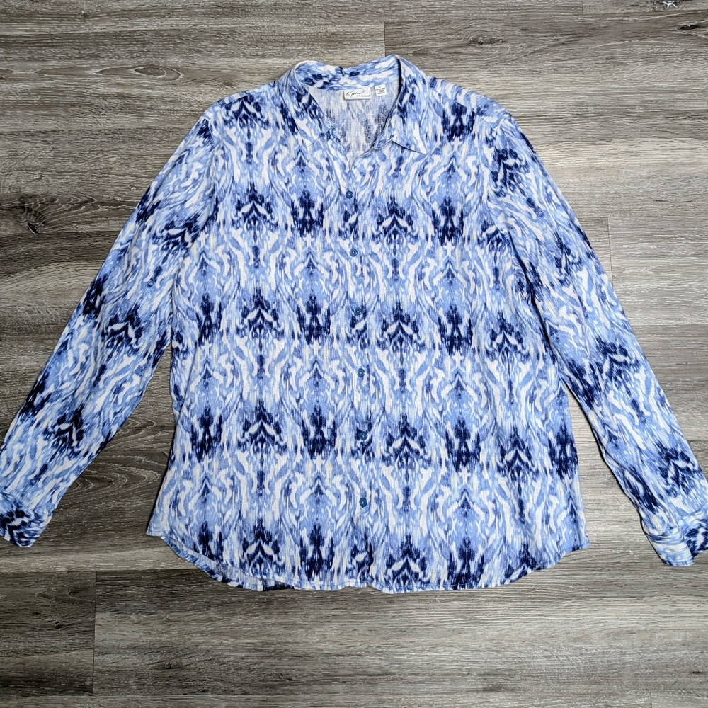 Kim Rogers 100% Linen Shirt Blue Ikat Print Button Up Size L